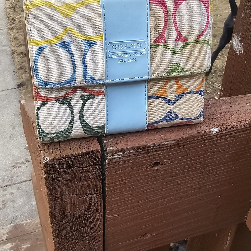 Coach Multicolor Signature Canvas Wallet with Light Blue Leather Strap